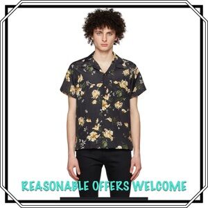 Naked & Famous Aloha Shirt in Black Silky Flowers Hawaiian Camp Shirt Large